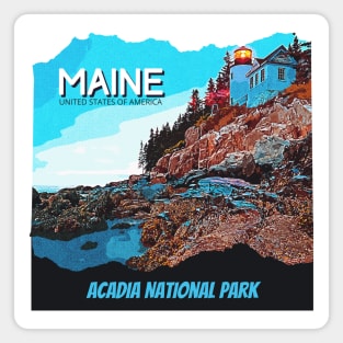 Acadia National Park, Maine - for adventure lover, camping, hiking, outdoor, lighthouse, mountain, waterfall, road trip, Retro vintage comic style design Magnet